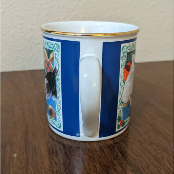 Vintage Christmas Cat Mug by Papel, Cat Playing w/ Ornaments Gold Rim Coffee Cup - Picture 5 of 10